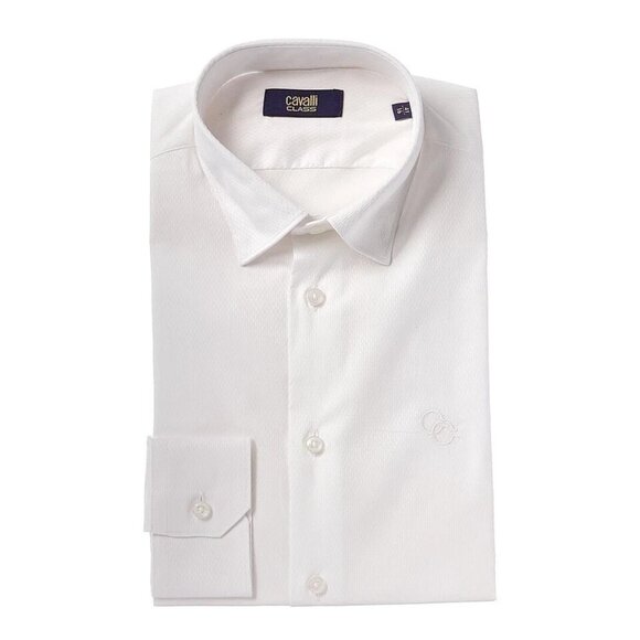 NEW Cavalli Class Textured Slim Fit Dress Shirt LOGO White 17.5/XL/100%AUTHENTIC - Picture 1 of 1